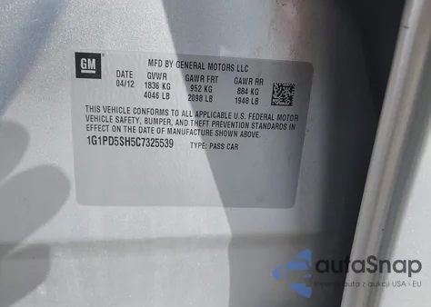 2012 Chevrolet Cruze Ls from USA, damaged, VIN 1G1PD5SH5C7325539